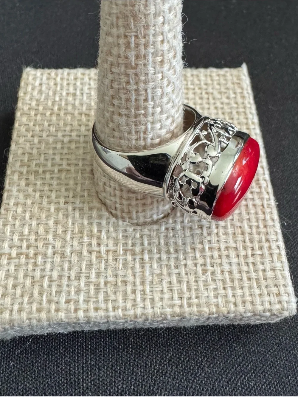 Red Coral Oval Cabochon Stone Ring w/ Sterling Filigree Design Surrounding Stone